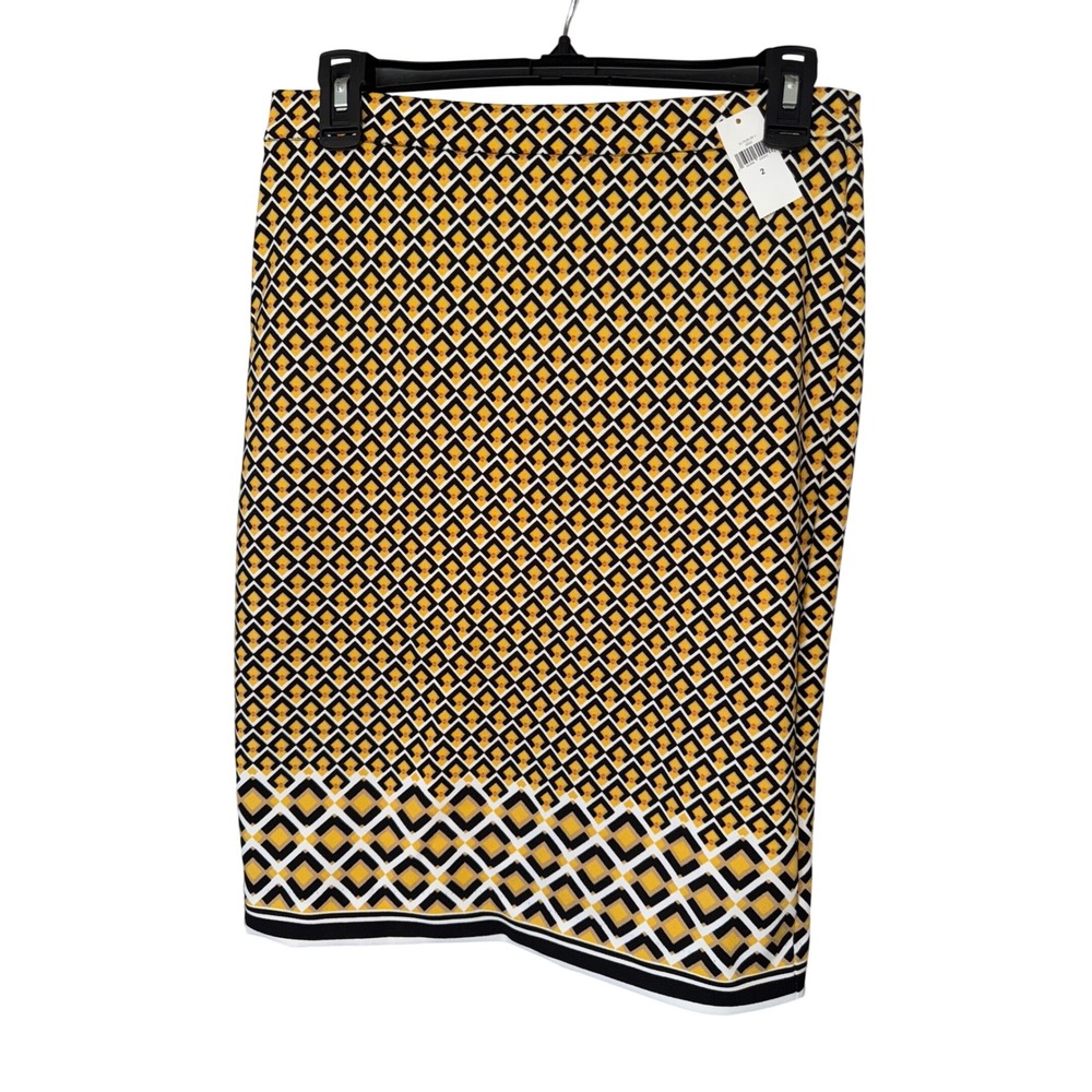Banana Republic Womens Pencil Skirt Black Yellow Geometric Stretch Knee sz 2 NWT